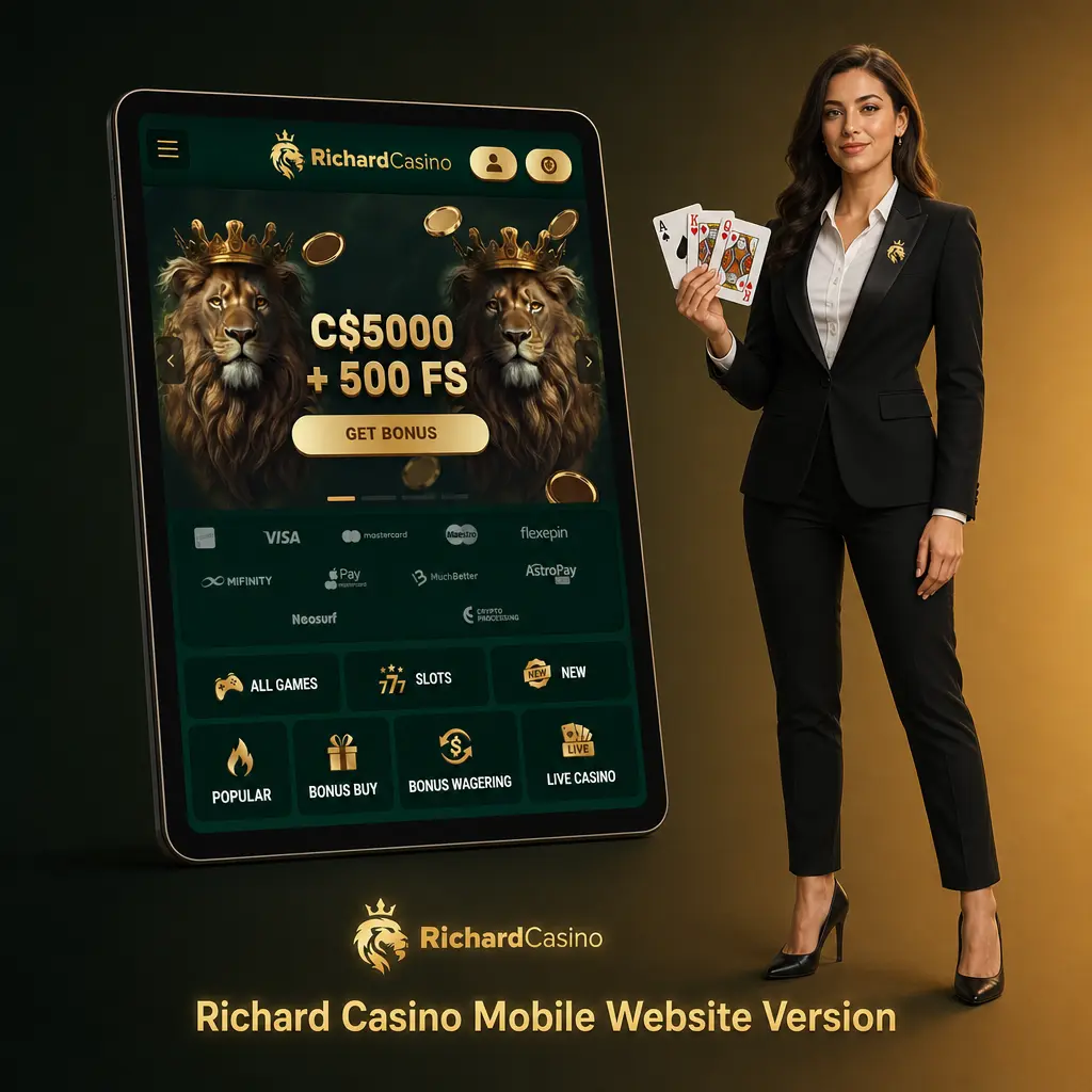 Richard Casino mobile website homepage showing sportsbook, slots, and live casino tables accessible via browser.