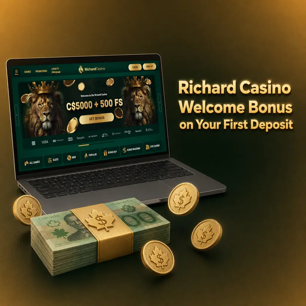 Richard Casino welcome bonus: 100% match up to CAD 5,000, plus 500 Free Spins and CAD 1,050 FreeBet on first deposit